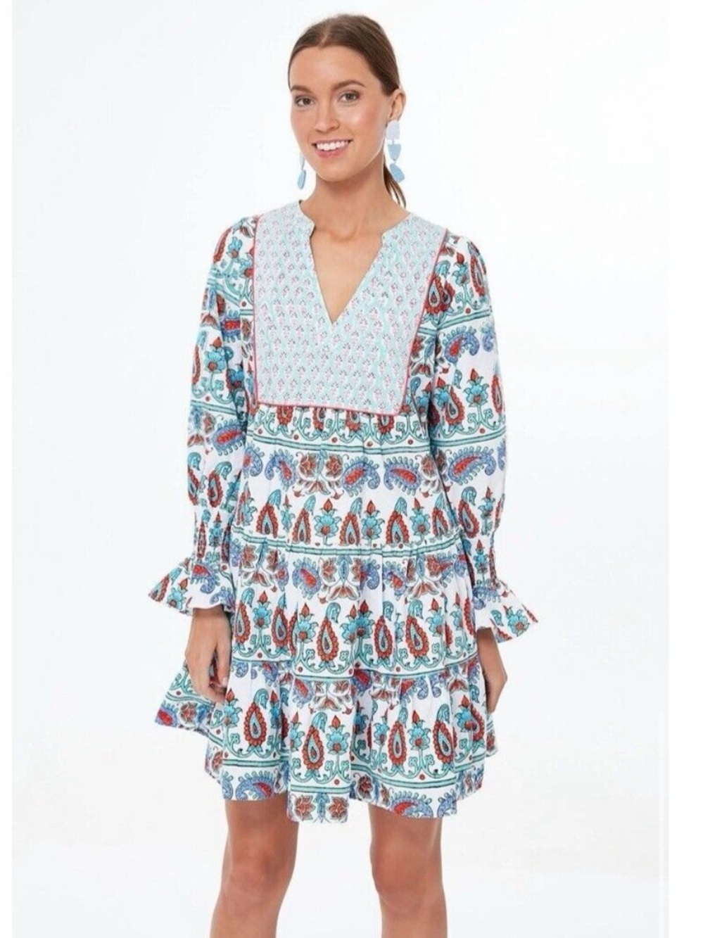 Tuckernuck Teal and Seagrass Block Print Artsy‎ Paisley Kenzo Dress Women Large